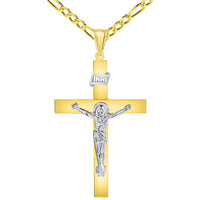 Load image into Gallery viewer, 14k Two-Tone Gold 4mm Thick INRI Tubular Cross Roman Catholic Crucifix Pendant With Cable, Curb or Figaro Chain Necklace
