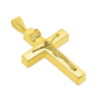 Load image into Gallery viewer, 14k Yellow Gold 4mm Thick INRI Tubular Crucifix Roman Catholic Cross Pendant With Cable, Curb or Figaro Chain Necklace
