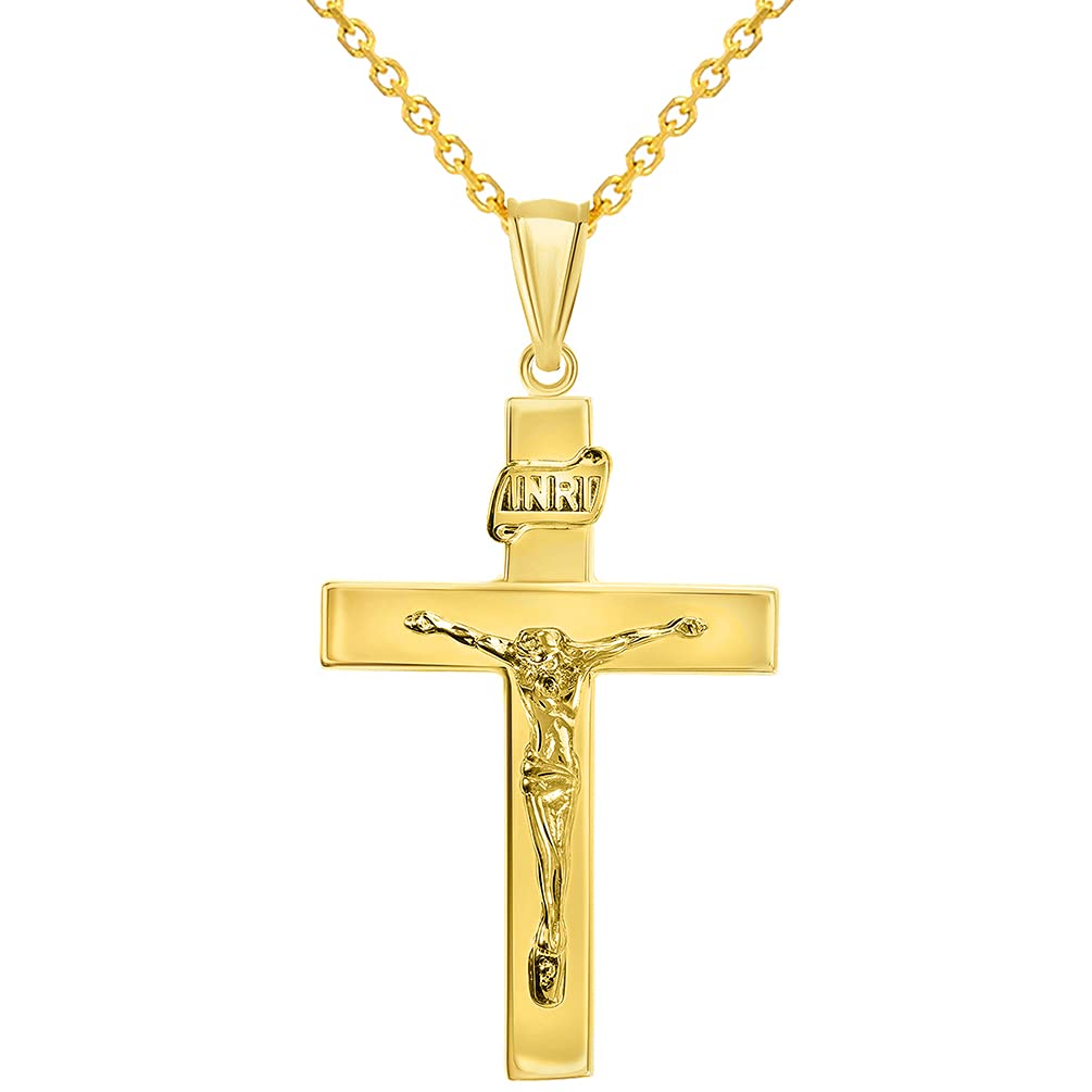 14K Gold INRI Tubular Crucifix Roman Catholic Cross Pendant 22 Inches