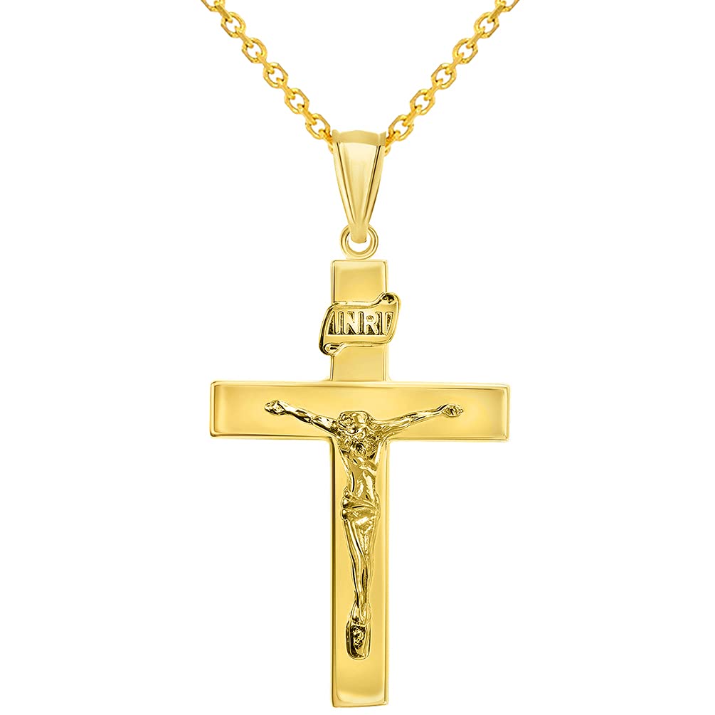 14k Yellow Gold 4mm Thick INRI Tubular Crucifix Roman Catholic Cross Pendant With Cable, Curb or Figaro Chain Necklace