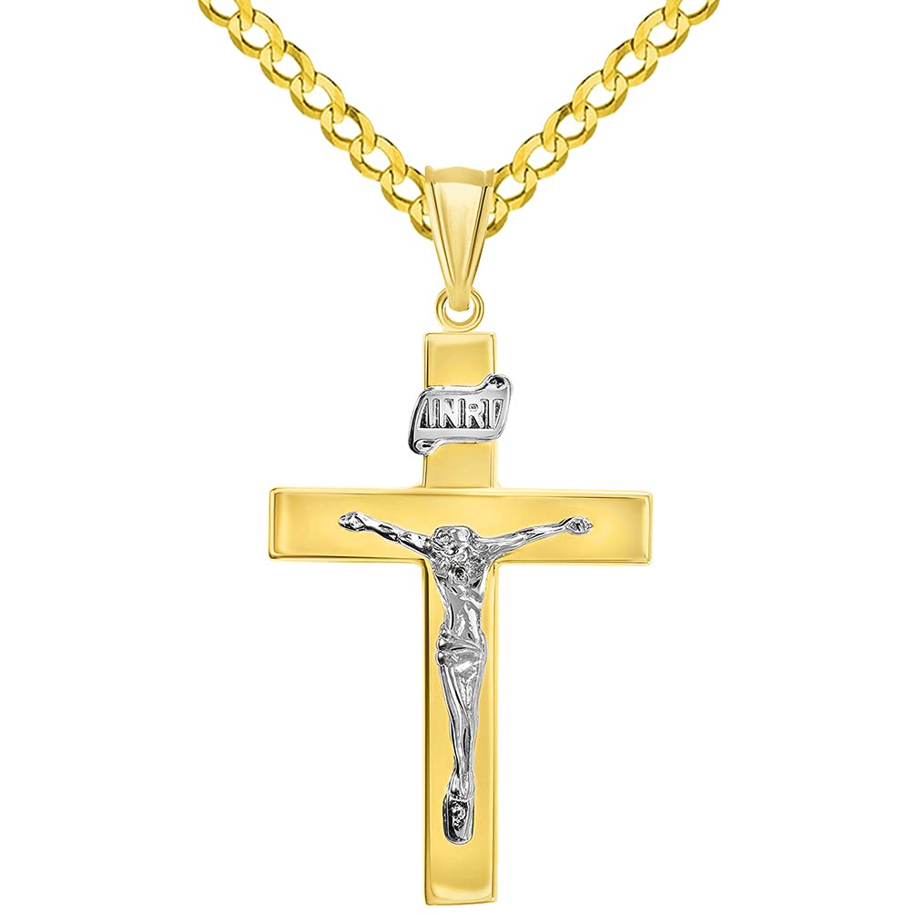 14k Two-Tone Gold 4mm Thick INRI Tubular Crucifix Roman Catholic Cross Pendant with Cuban Chain Curb Necklace