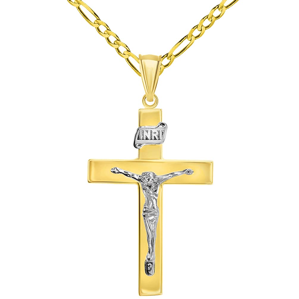 14k Two-Tone Gold 4mm Thick INRI Tubular Crucifix Roman Catholic Cross Pendant with Figaro Chain Necklace