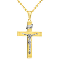 Load image into Gallery viewer, 14k Two-Tone Gold 4mm Thick INRI Tubular Crucifix Roman Catholic Cross Pendant With Cable, Curb or Figaro Chain Necklace

