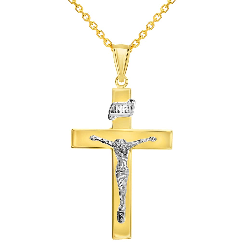 14k Two-Tone Gold 4mm Thick INRI Tubular Crucifix Roman Catholic Cross Pendant With Cable, Curb or Figaro Chain Necklace