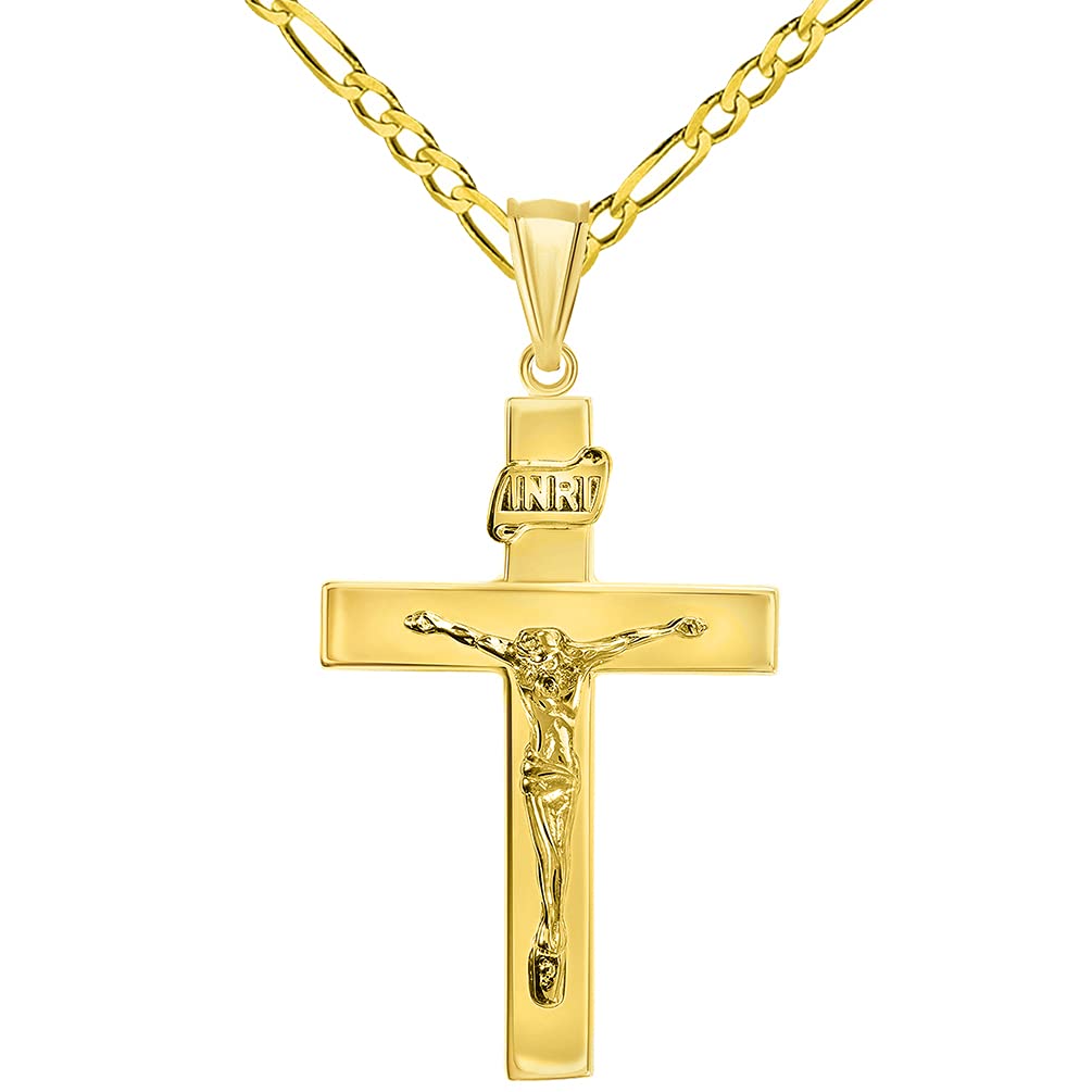 14k Yellow Gold 4mm Thick INRI Tubular Crucifix Roman Catholic Cross Pendant with Figaro Chain Necklace