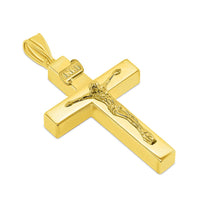 Load image into Gallery viewer, 14k Yellow Gold 4mm Thick INRI Tubular Crucifix Roman Catholic Cross Pendant With Cable, Curb or Figaro Chain Necklace
