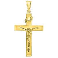 Load image into Gallery viewer, 14k Yellow Gold 4mm Thick INRI Tubular Crucifix Roman Catholic Cross Pendant With Cable, Curb or Figaro Chain Necklace
