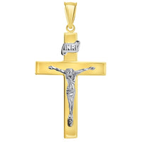 Load image into Gallery viewer, 14k Two-Tone Gold 4mm Thick INRI Tubular Crucifix Roman Catholic Cross Pendant With Cable, Curb or Figaro Chain Necklace
