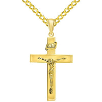 Load image into Gallery viewer, 14k Yellow Gold 4mm Thick INRI Tubular Crucifix Roman Catholic Cross Pendant With Cable, Curb or Figaro Chain Necklace
