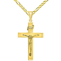 Load image into Gallery viewer, 14k Yellow Gold 4mm Thick INRI Tubular Crucifix Roman Catholic Cross Pendant With Cable, Curb or Figaro Chain Necklace
