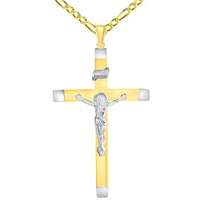 Load image into Gallery viewer, 14k Two-Tone Gold 4mm Thick INRI Tubular Large Crucifix Slanted-Edge Cross Pendant with Figaro Chain Necklace
