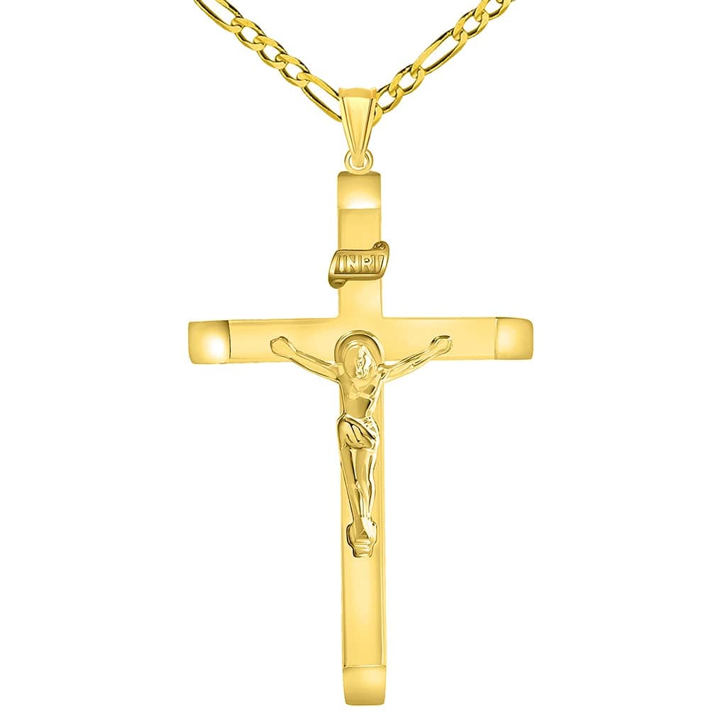 14k Yellow Gold 4mm Thick INRI Tubular Large Crucifix Slanted-Edge Cross Pendant with Figaro Chain Necklace