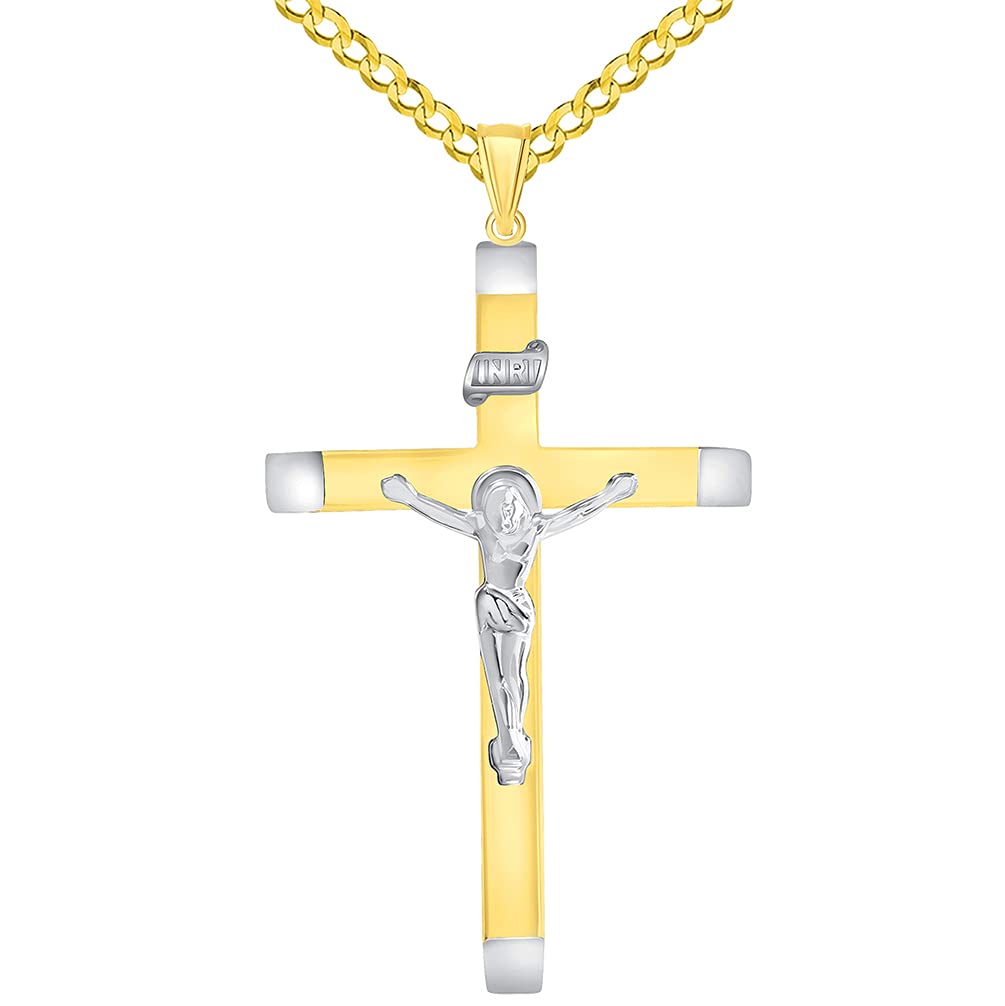14k Two-Tone Gold 4mm Thick INRI Tubular Large Crucifix Slanted-Edge Cross Pendant with Curb Chain Necklace