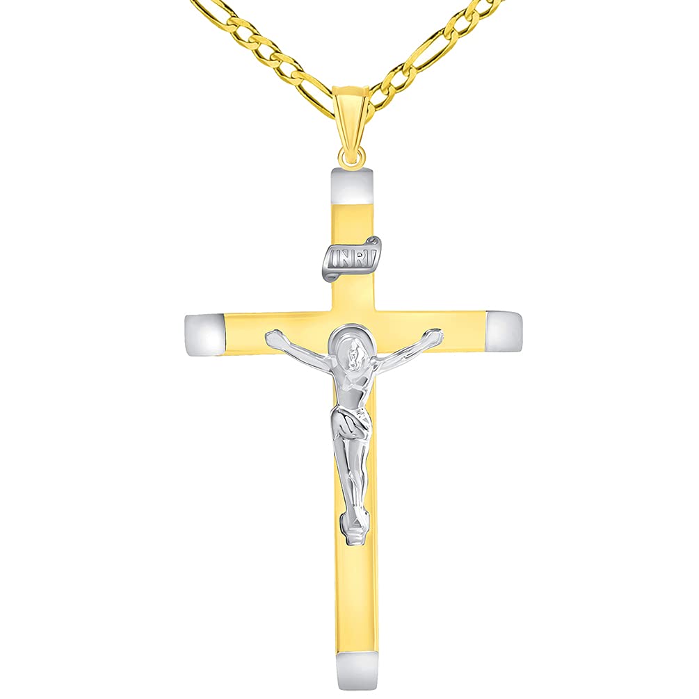 14k Two-Tone Gold 4mm Thick INRI Tubular Large Crucifix Slanted-Edge Cross Pendant with Figaro Chain Necklace