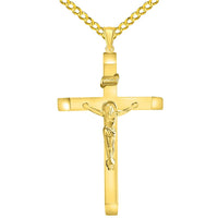 Load image into Gallery viewer, 14k Yellow Gold 4mm Thick INRI Tubular Large Crucifix Slanted-Edge Cross Pendant with Curb Chain Necklace
