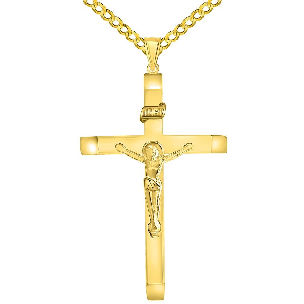 14k Yellow Gold 4mm Thick INRI Tubular Large Crucifix Slanted-Edge Cross Pendant with Curb Chain Necklace
