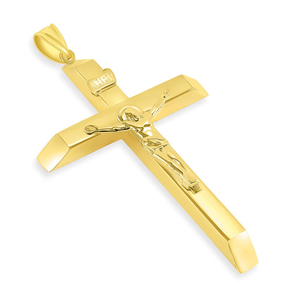 14k Yellow Gold 4mm Thick INRI Tubular Large Crucifix Slanted-Edge Cross Pendant