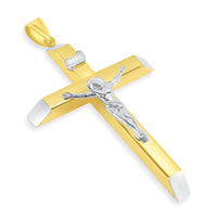 Load image into Gallery viewer, 14k Two-Tone Gold 4mm Thick INRI Tubular Large Crucifix Slanted-Edge Cross Pendant with Figaro Chain Necklace
