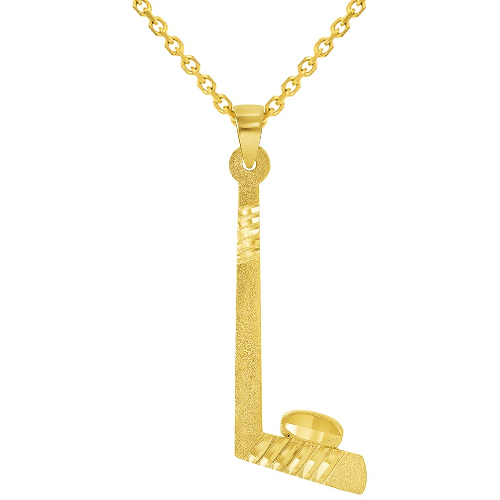 Solid 14k Yellow Gold Ice Hockey Stick and Puck Sports Pendant With Cable, Curb or Figaro Chain Necklace