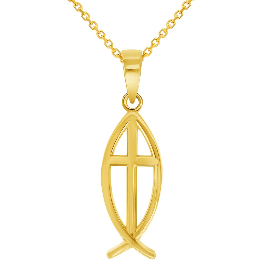 14k Yellow Gold Ichthus Cross Charm Christian Fish Symbol Pendant Necklace
