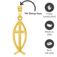 Load image into Gallery viewer, 14k Yellow Gold Ichthus Cross Charm Christian Fish Symbol Pendant Necklace
