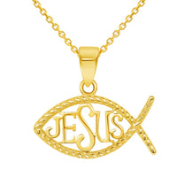 Load image into Gallery viewer, 14k Yellow Gold Ichthus Jesus Christian Fish Symbol Pendant Cable, Curb, or Figaro Chain Necklaces
