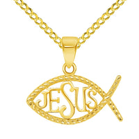 Load image into Gallery viewer, 14k Yellow Gold Ichthus Jesus Christian Fish Symbol Pendant Cable, Curb, or Figaro Chain Necklaces
