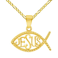 Load image into Gallery viewer, 14k Yellow Gold Ichthus Jesus Christian Fish Symbol Pendant Cable, Curb, or Figaro Chain Necklaces
