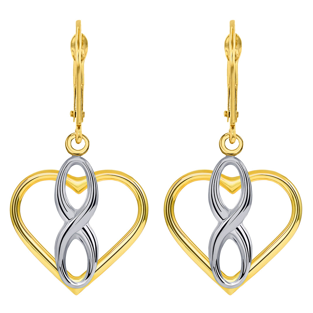 14k Gold Infinity Sign in Open Heart Dangle Drop Earrings
