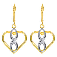 Load image into Gallery viewer, 14k Two Tone Gold Infinity Sign in Open Heart Dangle Drop Earrings with Leverback
