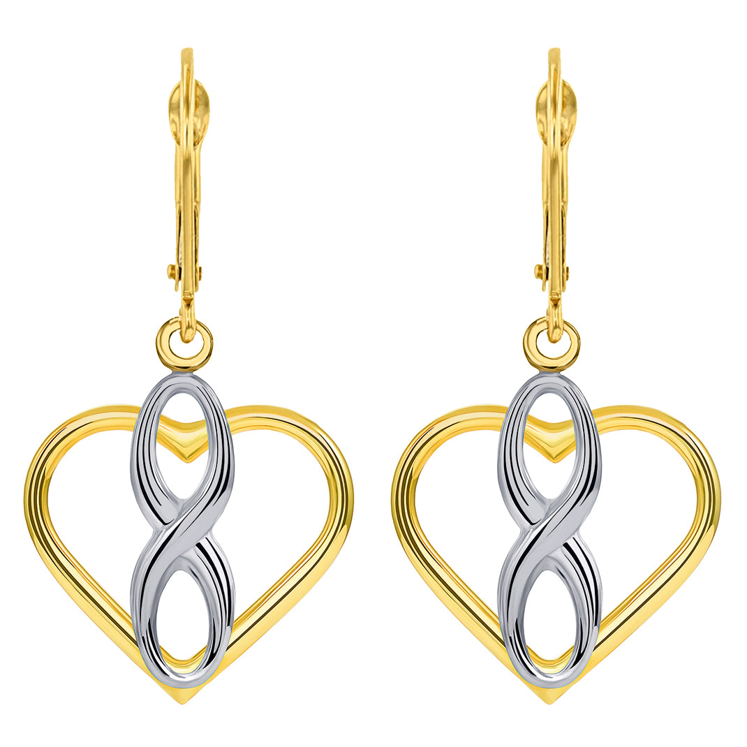 14k Two Tone Gold Infinity Sign in Open Heart Dangle Drop Earrings with Leverback