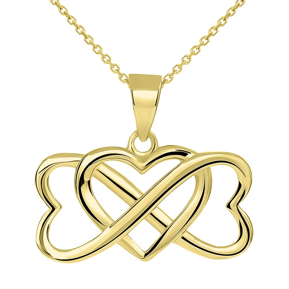 14k Yellow Gold Interlocking Triple Heart Infinity Love Symbol Pendant With Cable, Cuban Curb or Figaro Chain Necklace