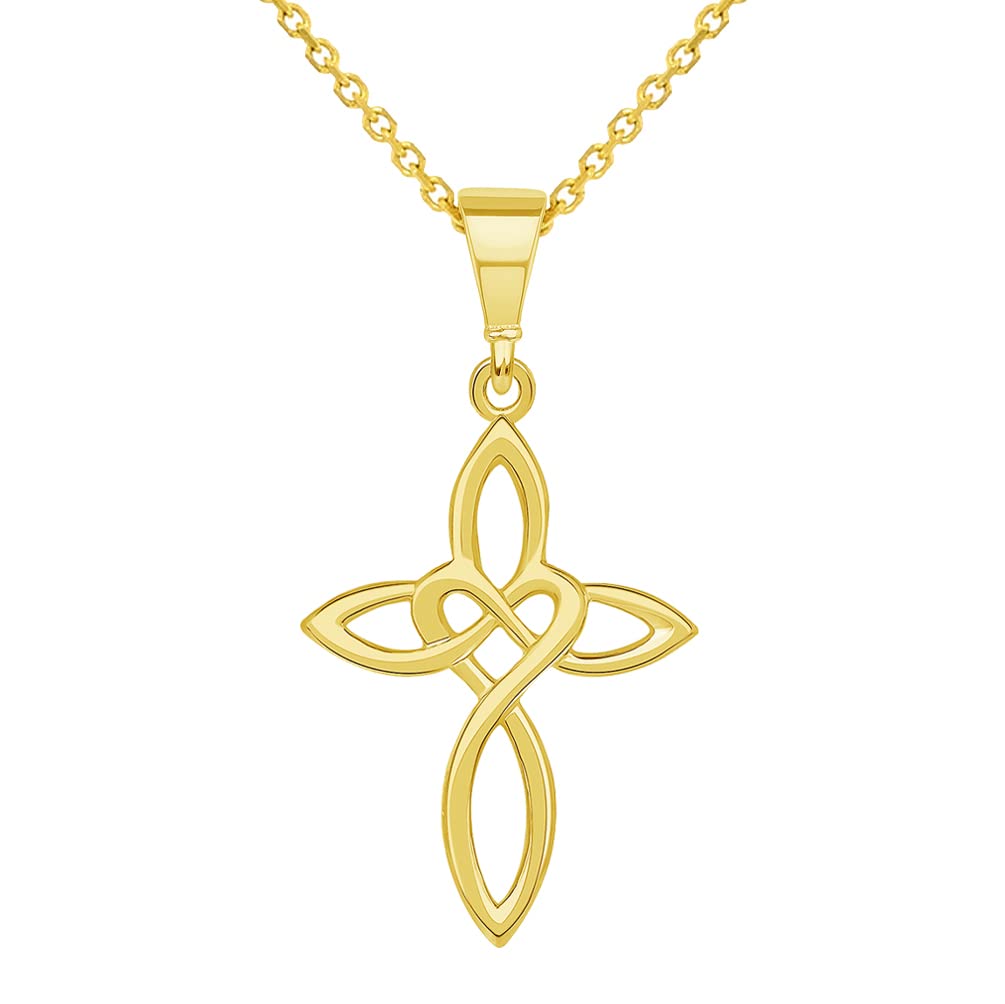Solid 14k Yellow Gold Irish Celtic Love Knot Heart Cross Pendant Necklace