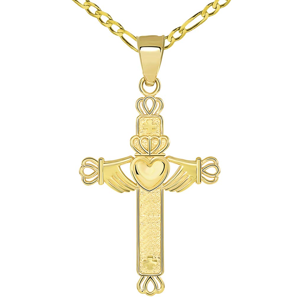 Solid 14k Yellow Gold Irish Claddagh Religious Cross Pendant with Figaro Chain Necklace