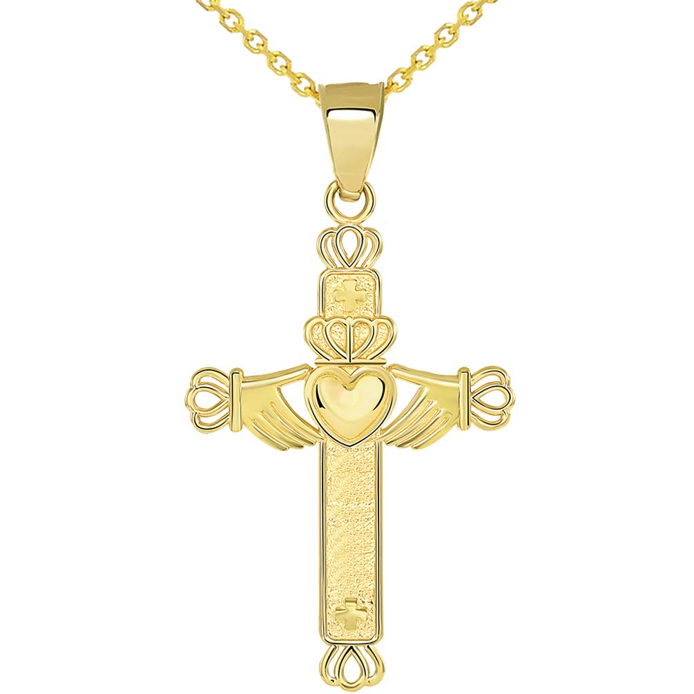Solid 14k Yellow Gold Irish Claddagh Religious Cross Pendant Necklace