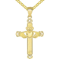 Load image into Gallery viewer, Solid 14k Yellow Gold Irish Claddagh Religious Cross Pendant with Cuban Chain Necklace
