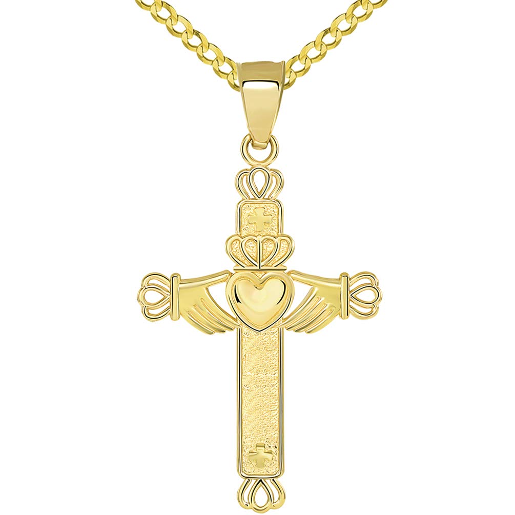 Solid 14k Yellow Gold Irish Claddagh Religious Cross Pendant with Cuban Chain Necklace