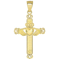 Load image into Gallery viewer, Solid 14k Yellow Gold Irish Claddagh Religious Cross Pendant with Figaro Chain Necklace
