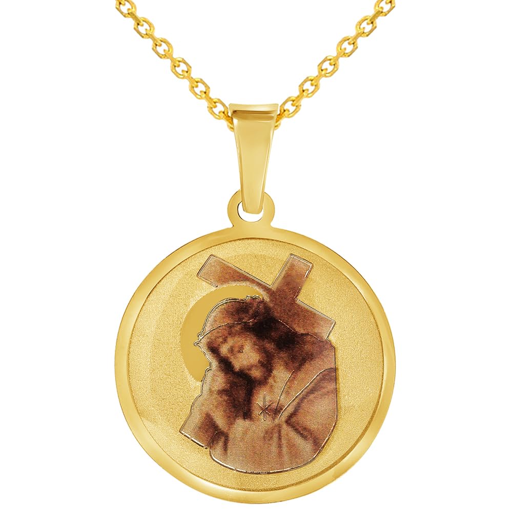 14k Yellow Gold Jesus Christ Carrying the Cross Picture Pendant with Rolo Cable, Cuban Curb, or Figaro Chain Necklace