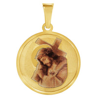 Load image into Gallery viewer, 14k Yellow Gold Jesus Christ Carrying the Cross Picture Pendant with Rolo Cable, Cuban Curb, or Figaro Chain Necklace
