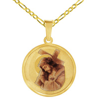 Load image into Gallery viewer, 14k Yellow Gold Jesus Christ Carrying the Cross Picture Pendant with Rolo Cable, Cuban Curb, or Figaro Chain Necklace
