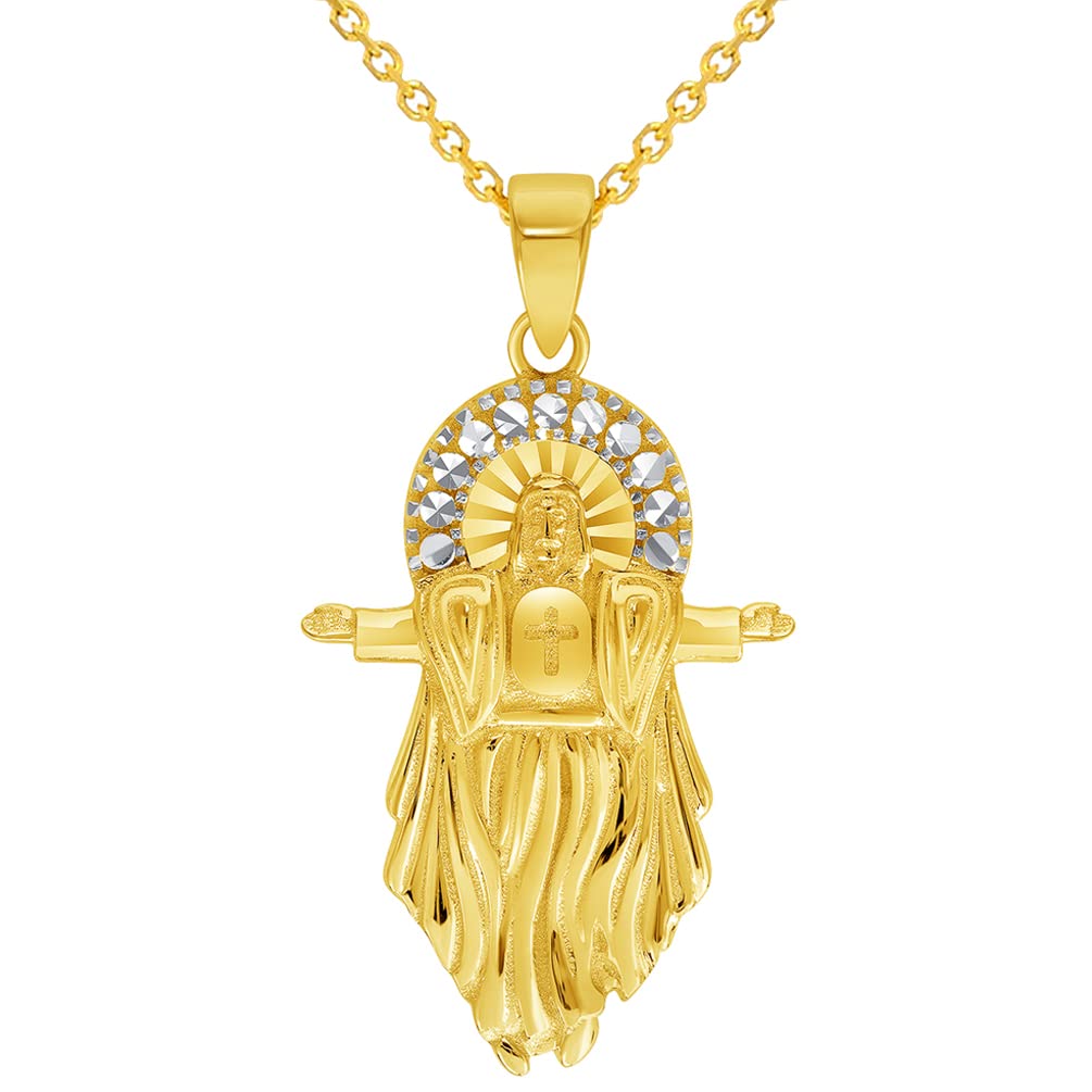 14k Yellow Gold Jesus Christ with Open Arms Pendant Cable, Curb, or Figaro Chain Necklaces