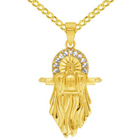 Load image into Gallery viewer, 14k Yellow Gold Jesus Christ with Open Arms Pendant Cable, Curb, or Figaro Chain Necklaces
