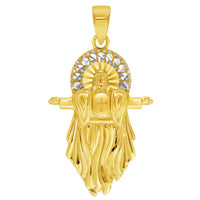 Load image into Gallery viewer, 14k Yellow Gold Jesus Christ with Open Arms Pendant Cable, Curb, or Figaro Chain Necklaces
