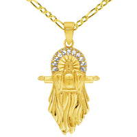 Load image into Gallery viewer, 14k Yellow Gold Jesus Christ with Open Arms Pendant Cable, Curb, or Figaro Chain Necklaces
