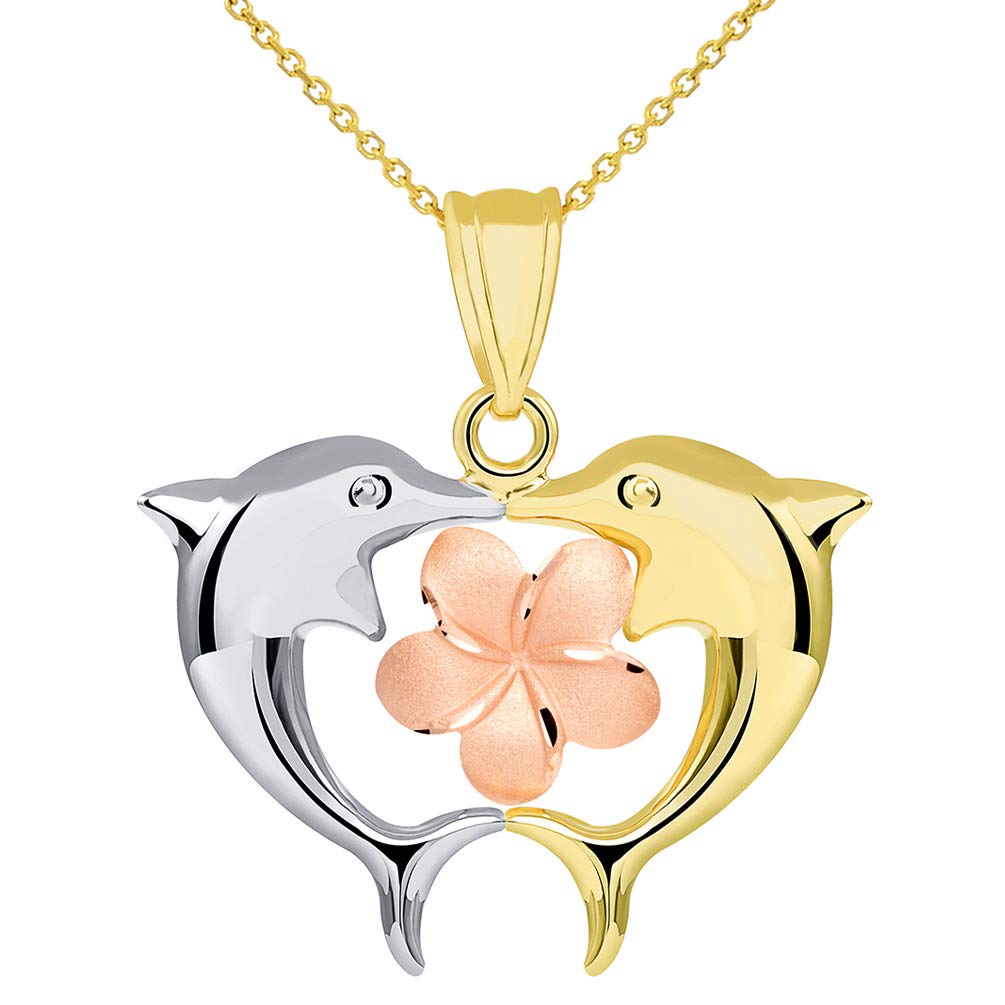 14k Gold High Polish Kissing Dolphins with Hawaiian Plumeria Flower Pendant Necklace - Tri Color Gold