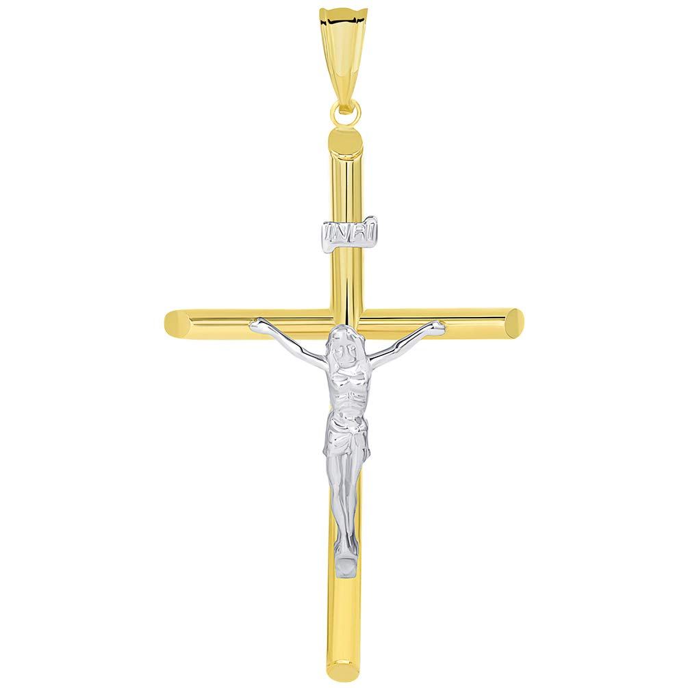 14k Two Tone Gold Large Christian Tube Cross Charm INRI Crucifix Pendant