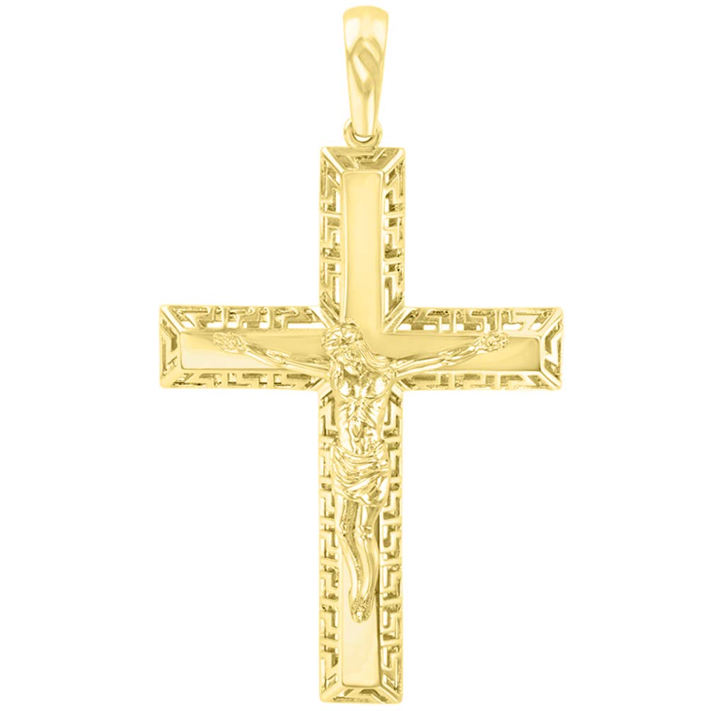 14k Yellow Gold Large Cross Greek Key Pattern Crucifix Pendant (Size : 70.6mm x 39.6mm)