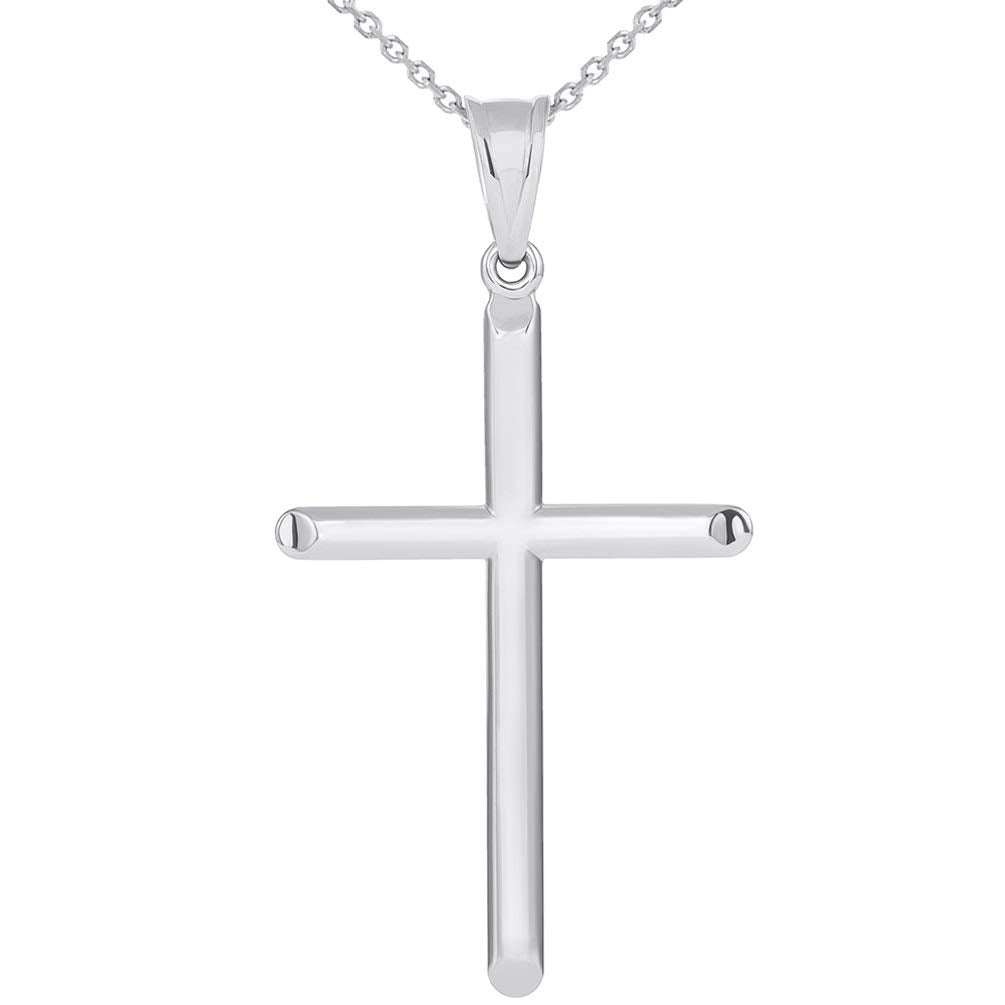 14k White Gold Large Religious Tube Cross Pendant with Figaro Necklace