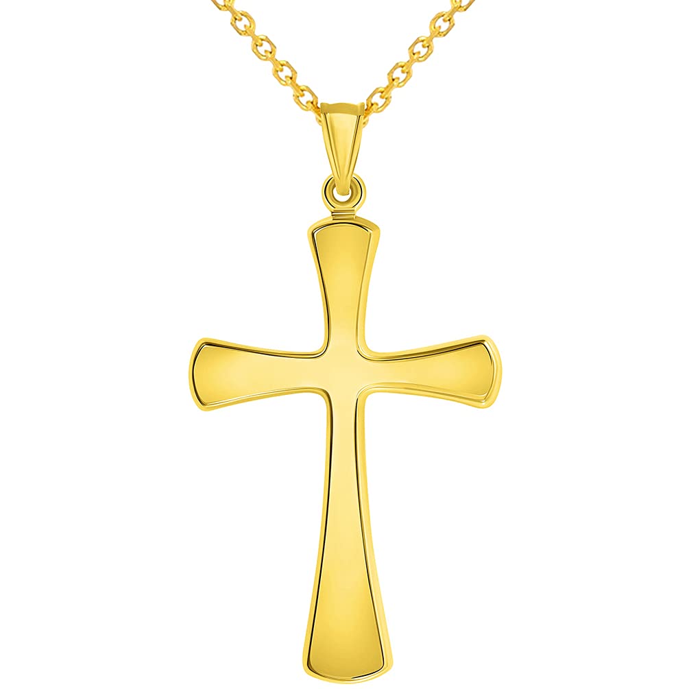 14k Yellow Gold High Polished Large Simple Religious Cross Pendant With Cable, Curb or Figaro Chain Necklace